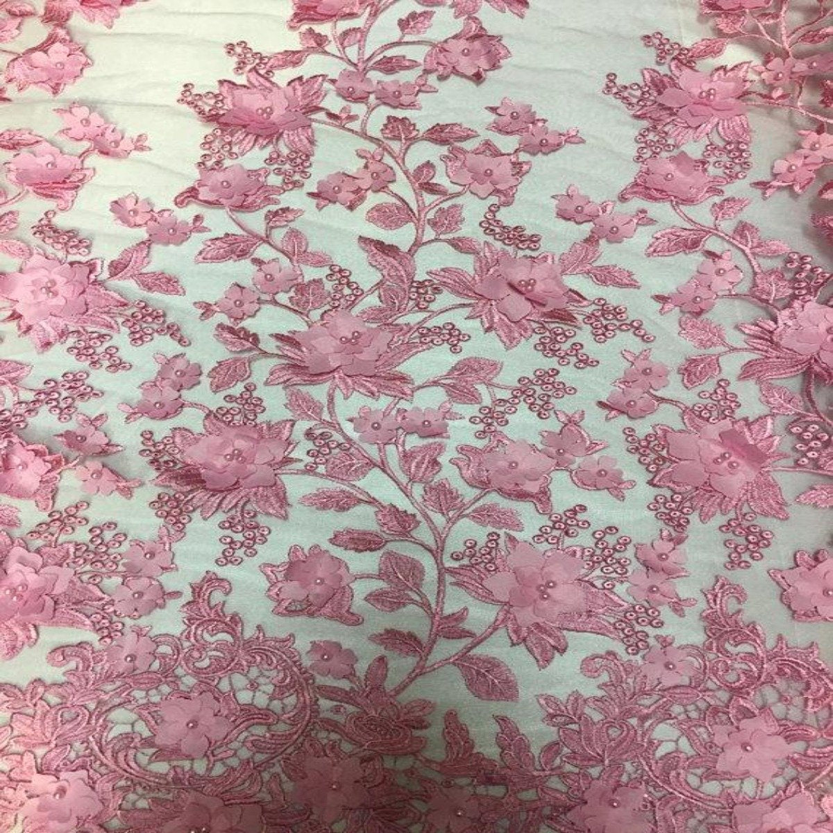 Pink 3D Embroidered Satin Floral Pearl Wedding Prom Formal Lace