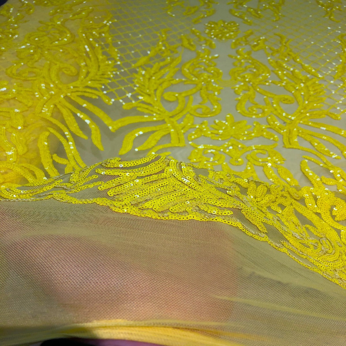 Neon Yellow Luna Stretch Sequins Lace Fabric