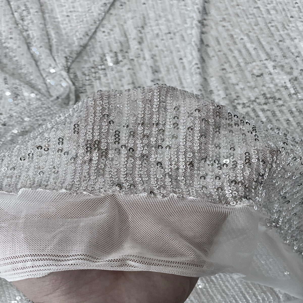 Silver Gray Striped Stretch Mesh Sequin Fabric