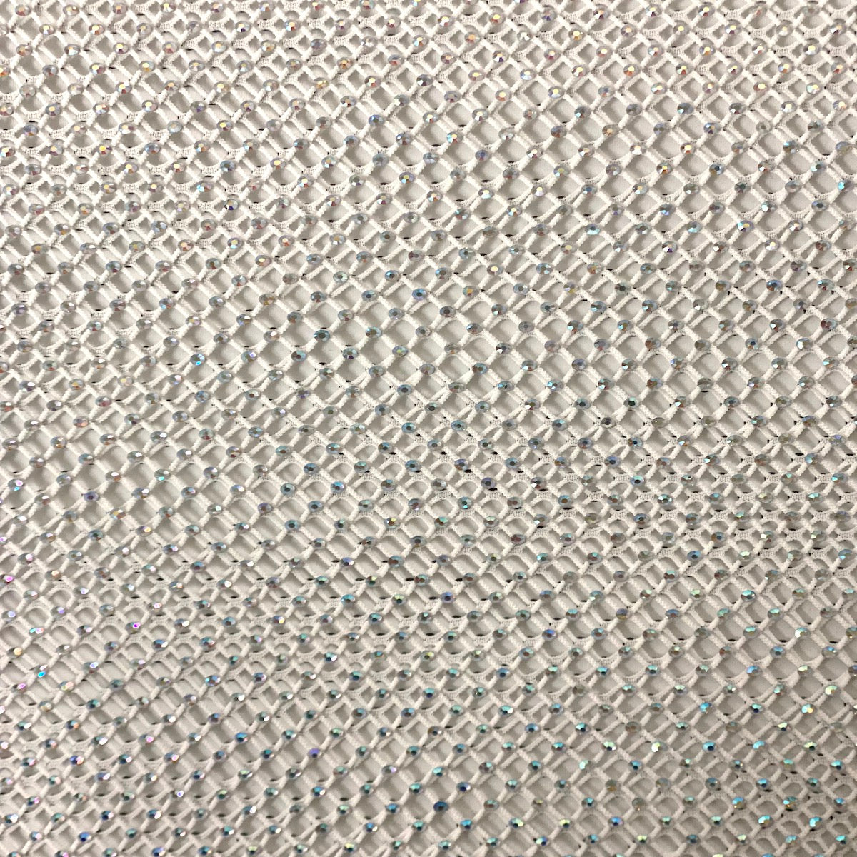 Iridescent Rhinestones Fabric On White Stretch Net Fabric, Fish Net wi