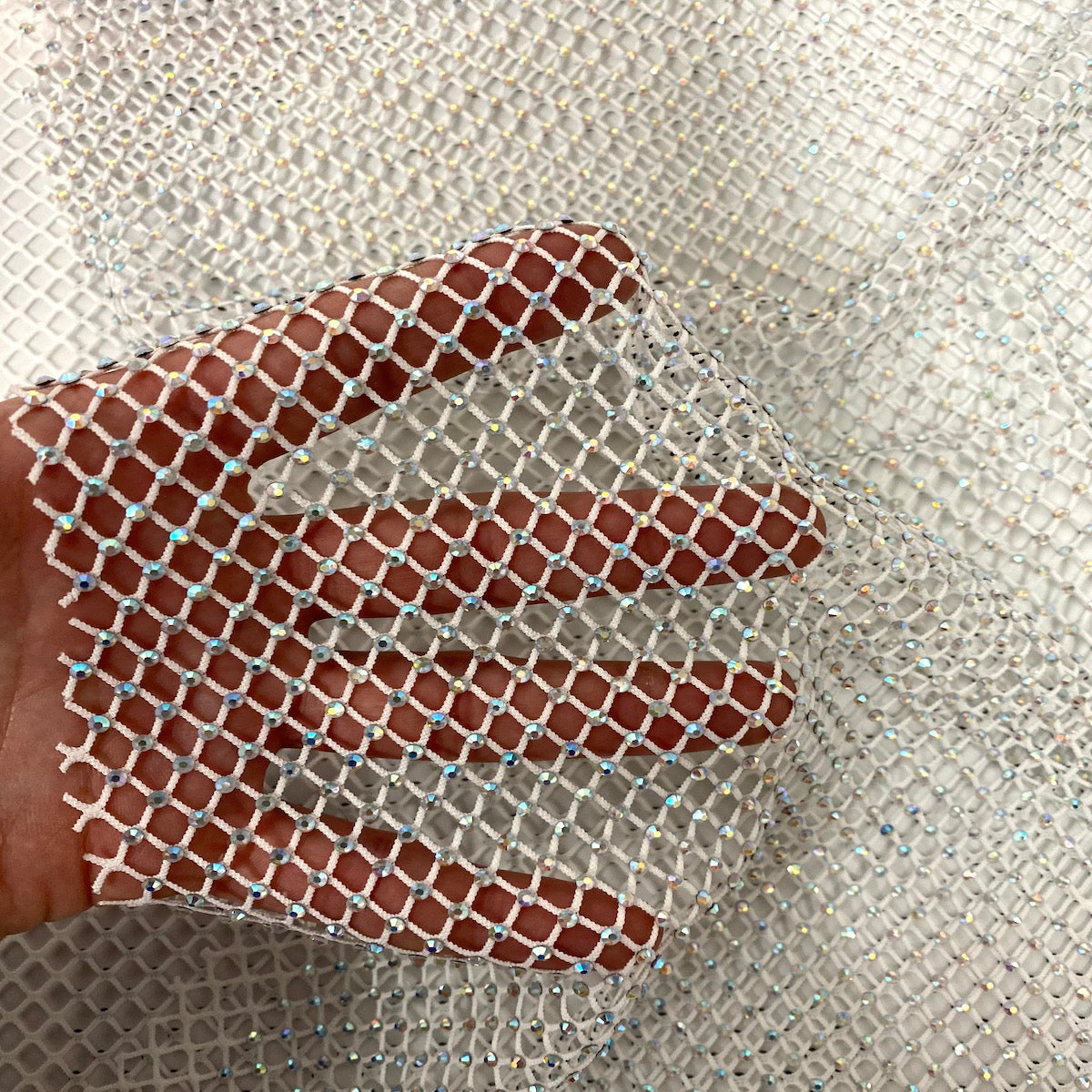 Red Rhinestone Fabric On Red Stretch Net Fabric, Spandex Fish Net