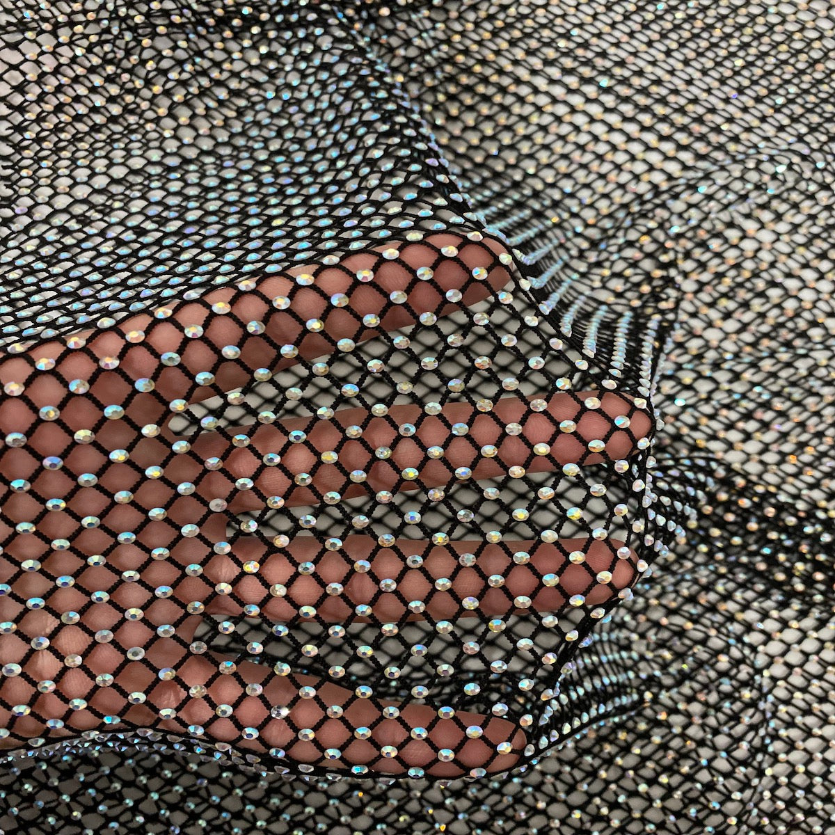 Black Serene Iridescent Rhinestone Fishnet Lace Fabric