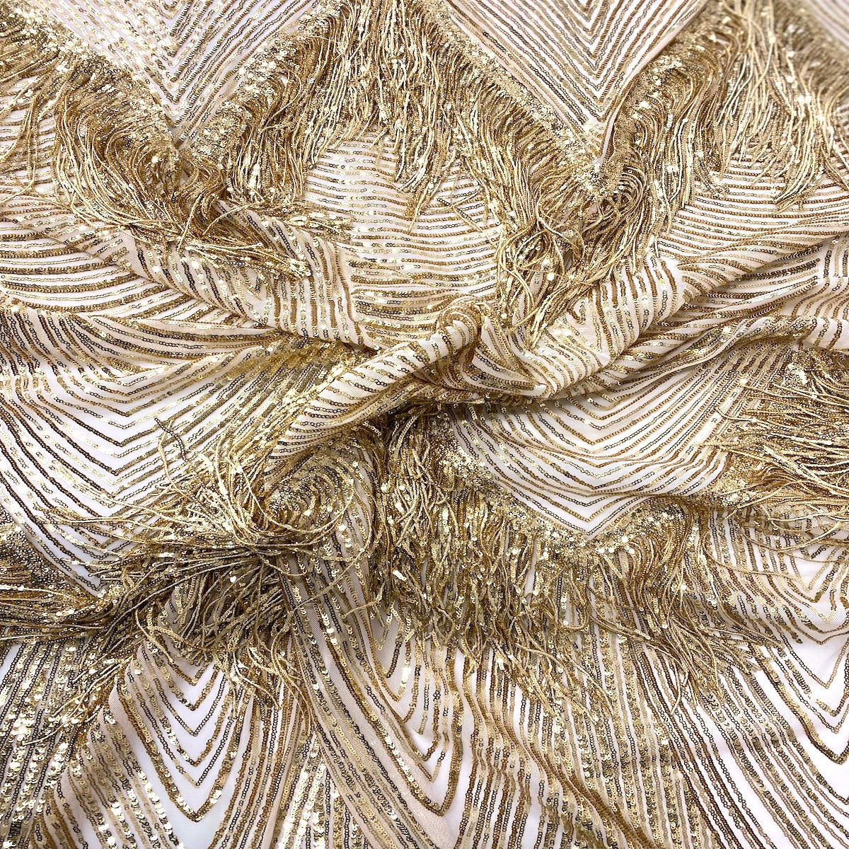 Gold Flamingo 2024 Fringe Sequins Embroidered Prom Wedding Couture Fabric - Sold By The Yard