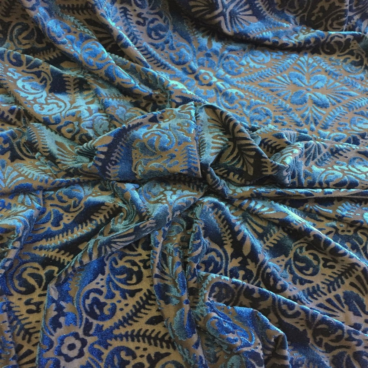 Blue Burnout Velvet Fabric 4 Way Stretch Fabrics Sold by the Yard