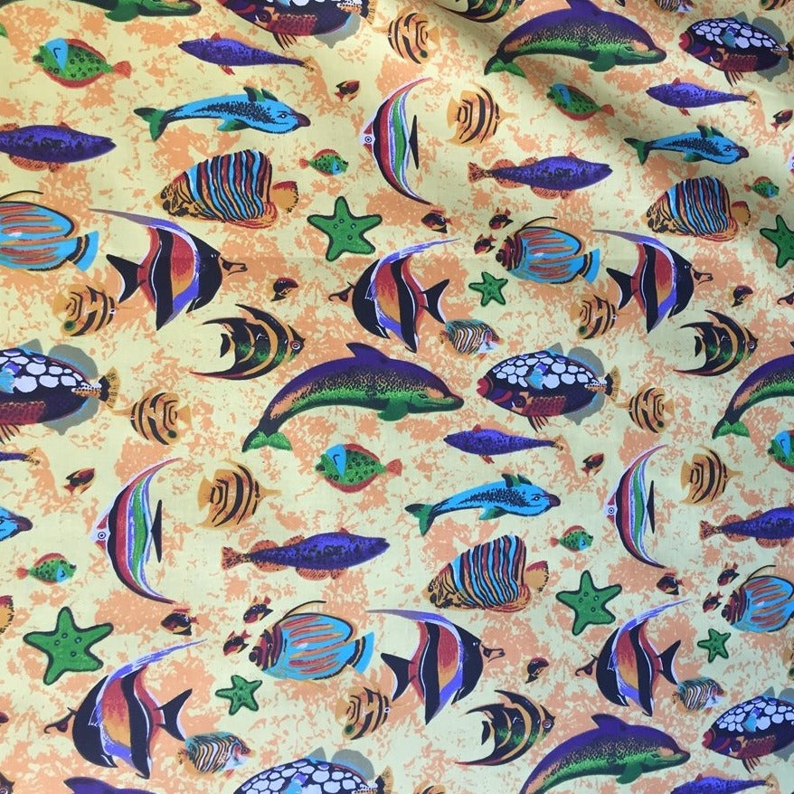 Yellow Aquarium Fish Tank Print Poly Cotton Fabric