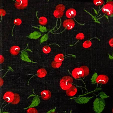 Black and Red Cherries Printed Stretch Cotton Denim