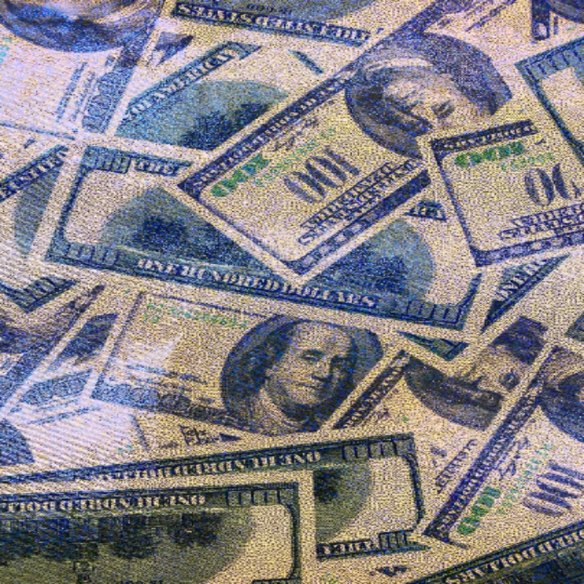 Money Print Fabric - Metallic Blue - 100 Dollar Bills Stretch Spandex