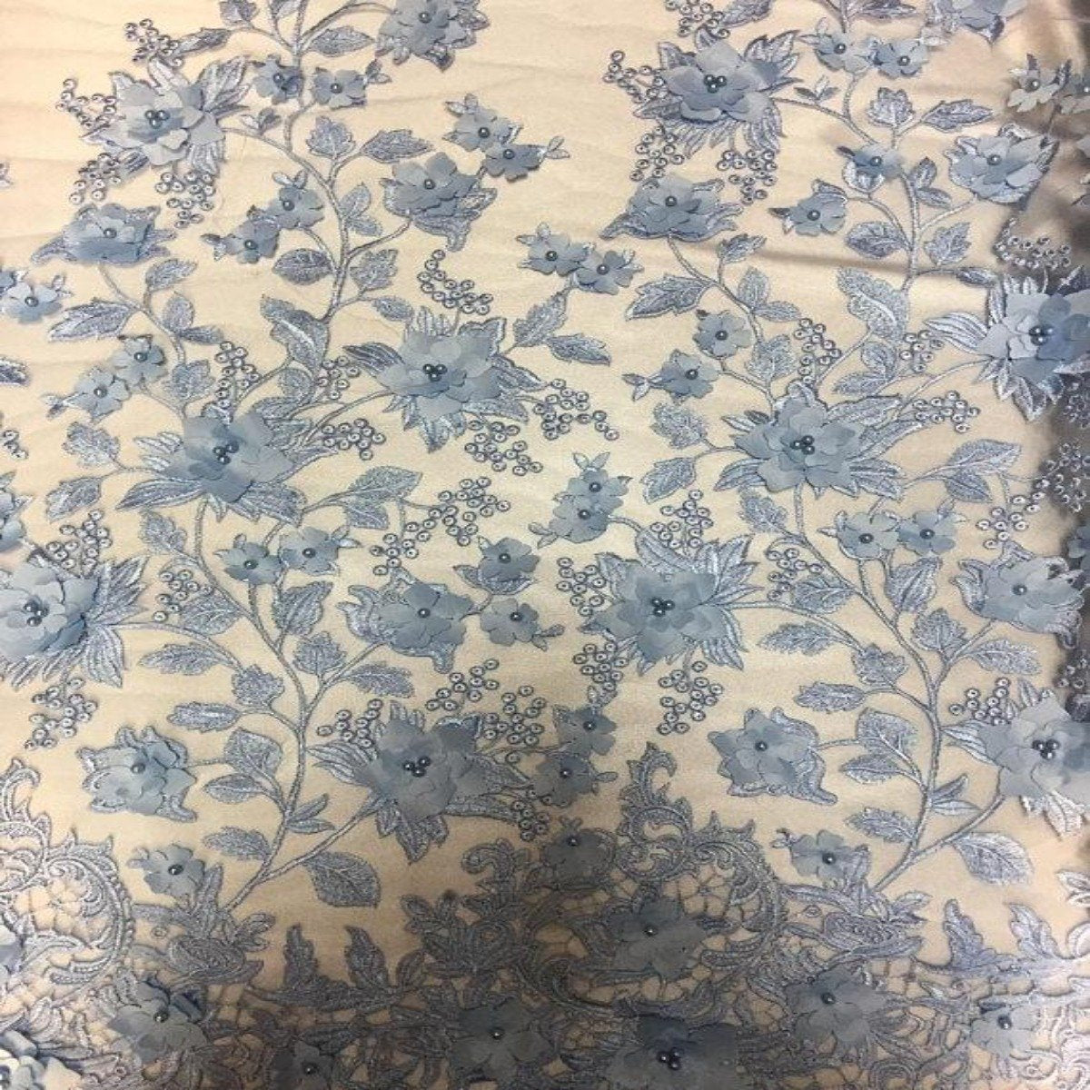 Baby Blue 3D Embroidered Satin Floral Pearl Wedding Prom Formal Lace Fabric  – Fashion Fabrics LLC